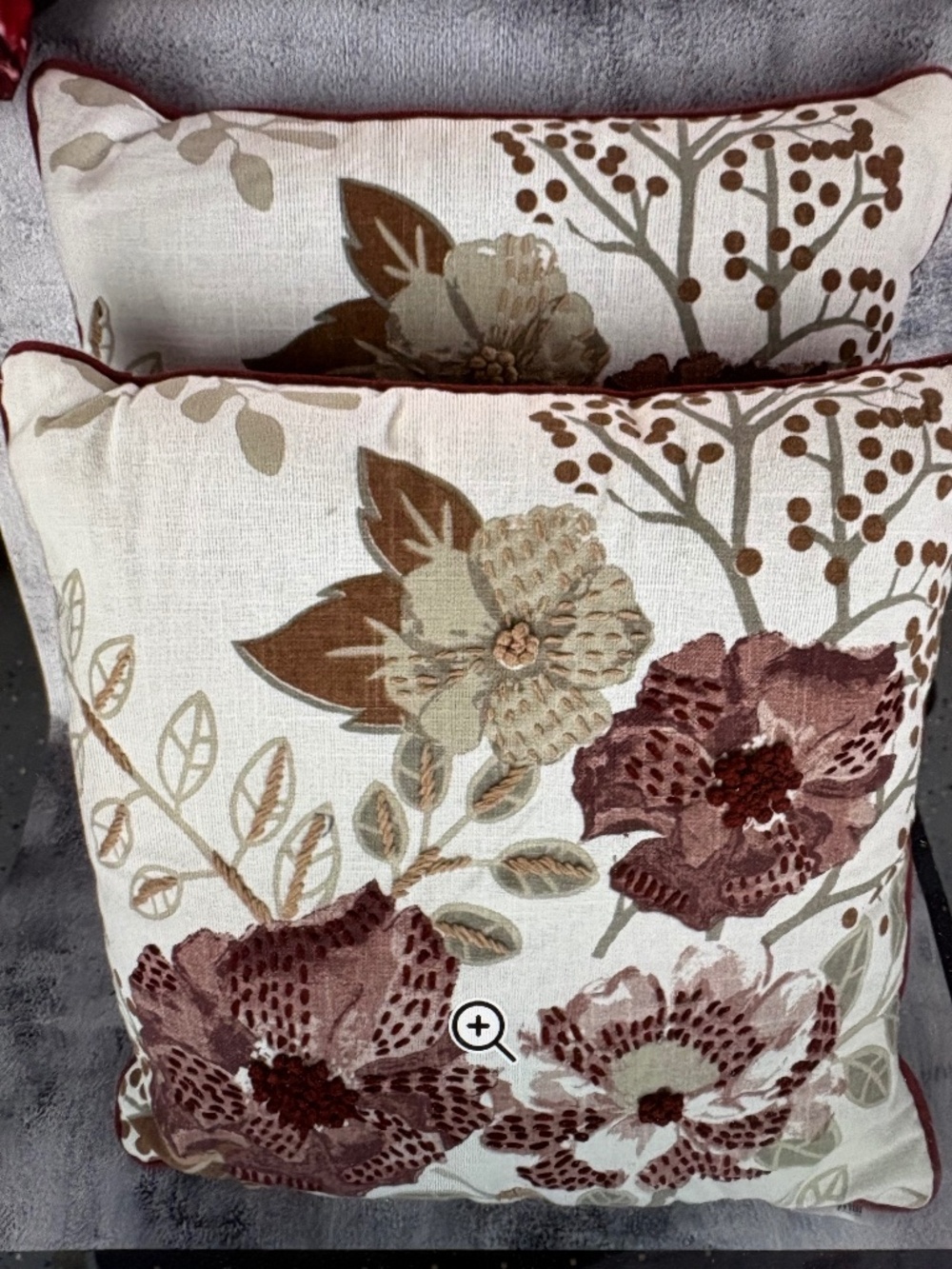2 Broyhill Couch Pillows W/ Berries & Embroidered Flowers
